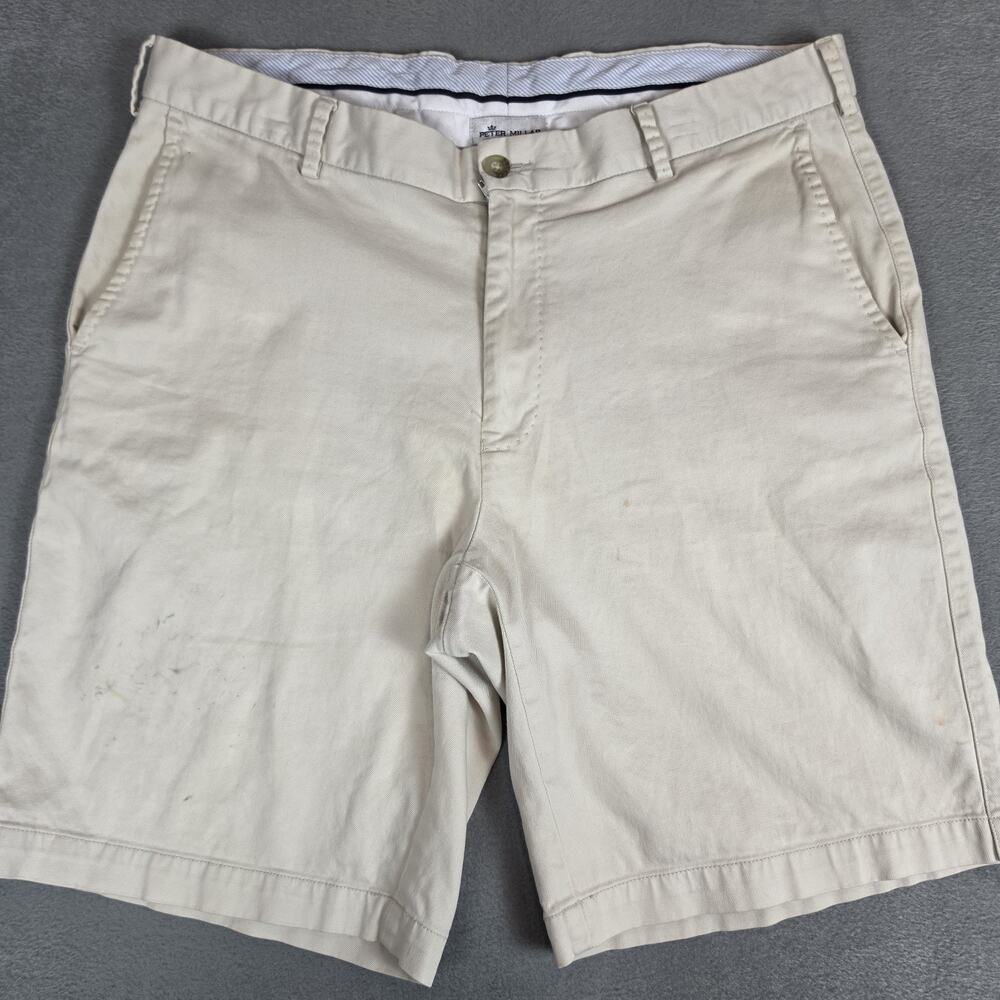 Peter Millar Mens Khaki Chino Shorts Size 34 Golf Casual Flat Front Cotton ReadD